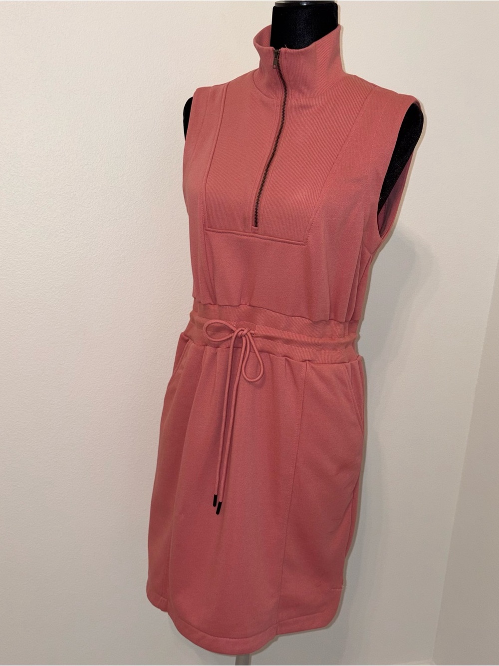 French Terry Zipped Collar Sleeveless Drawstring Waist Mini Dress SZ M